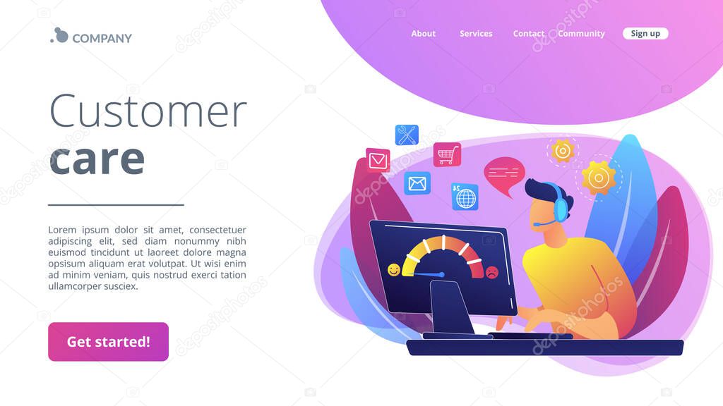 Clients assistance, call center, hotline operator, consultant manager. Customer care, seamless and personalized service, customer experience concept. Website homepage landing web page template.