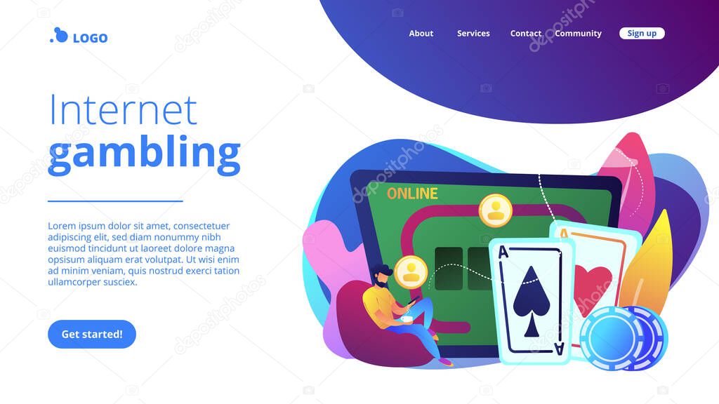 Businessman with smartphone playing poker online and casino table with cards and chips. Online poker, internet gambling, online casino rooms concept. Website vibrant violet landing web page template.