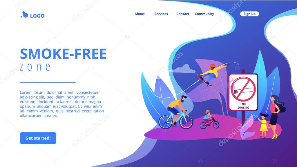 Weekend activities in park. Father riding bicycles with son. Active, healthy hobby. Smoke-free zone, no smoking area, tobacco free facility concept. Website homepage landing web page template.