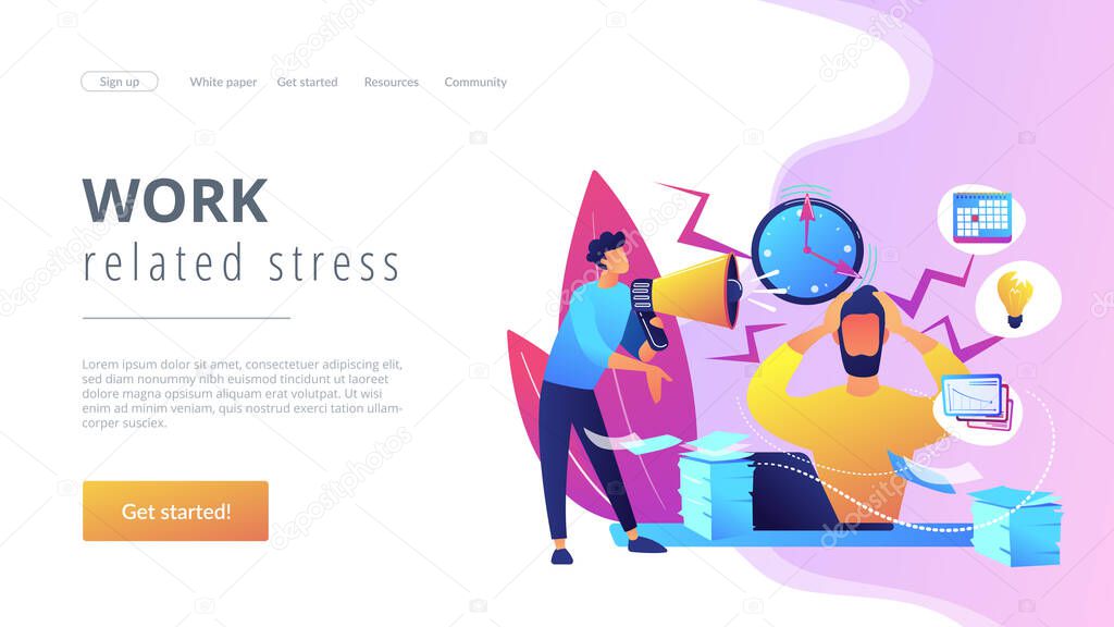 Exhausted, frustrated worker, burnout. Boss shout at employee, deadline. How to relieve stress, acute stress disorder, work related stress concept. Website homepage landing web page template.