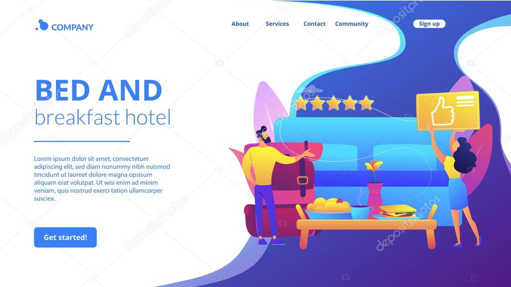 Luxurious service, satisfied customer feedback, positive review. Bed and breakfast, overnight home accommodation, bed and breakfast hotel concept. Website homepage landing web page template.