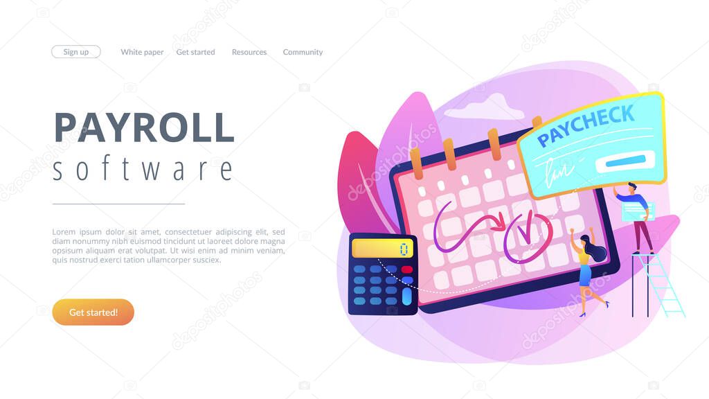 Calendar with payday, calculator and tiny business people getting a paycheck. Paycheck cash, payroll tax deposit, payroll software concept. Website vibrant violet landing web page template.