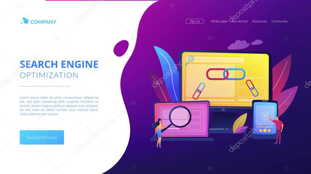 Online communication technology, internet business, marketing research. Link building, main SEO strategies, search engine optimization concept. Website homepage landing web page template.