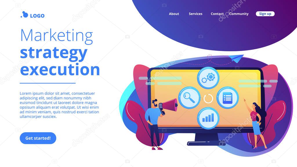 Tiny people managers plan and analyse campaign. Marketing campaign management, marketing strategy execution, campaign efficiency control concept. Website vibrant violet landing web page template.