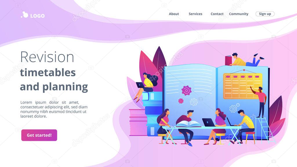 Preparing test together. Learning and studying with friends. Effective revision, revision timetables and planning, how to revise for exams concept. Website homepage landing web page template.