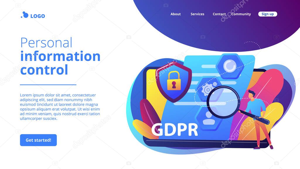 GDPR and cyber security, confidential database. General data protection regulation, personal information control, browser cookies permission concept. Website homepage landing web page template.