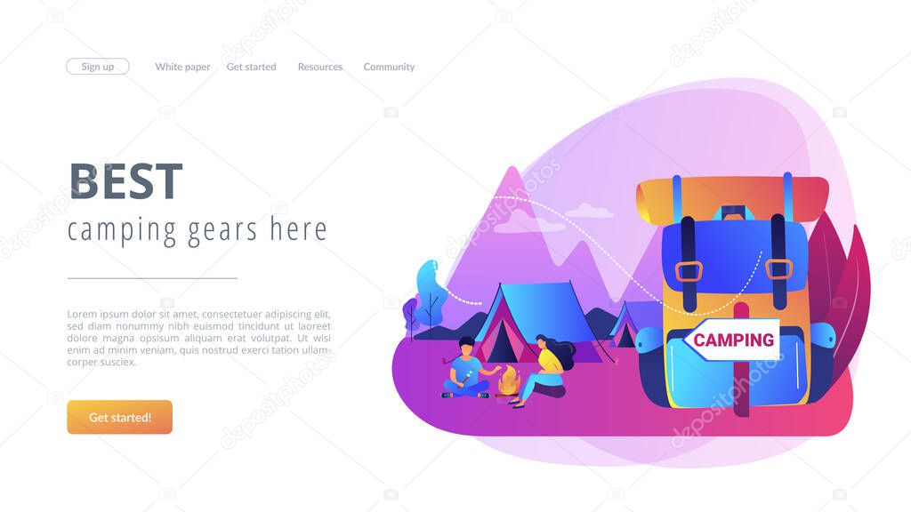 Tent in forest, tourists hiking, backpacking holiday. Summer camping, family camping adventure, sleepaway camp, best camping gears here concept. Website homepage landing web page template.