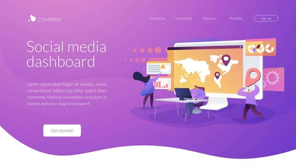 Social media dashboard landing page concept — Stockvector