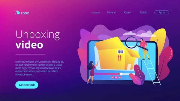 Unboxing video concepto landing page . — Archivo Imágenes Vectoriales