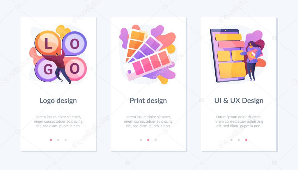 Professional graphic designer, art studio service. User interface, experience development. Logo design, print design, UI and UX design metaphors. Mobile app UI interface wireframe template.