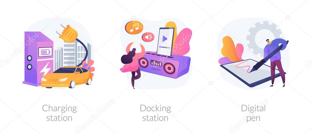 Electronic device use and charge abstract concept vector illustrations.