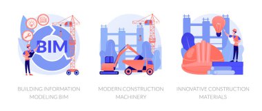 Construction technology innovation abstract concept vector illustration set. Building information modeling, modern construction machinery, new construction material, heavy equipment abstract metaphor. clipart