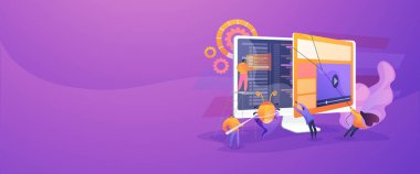 Debugging development process. Programmer work. Game programming. IT software application testing, quality assurance, QA team and bug fixing concept. Header or footer banner template with copy space. clipart svg vector 