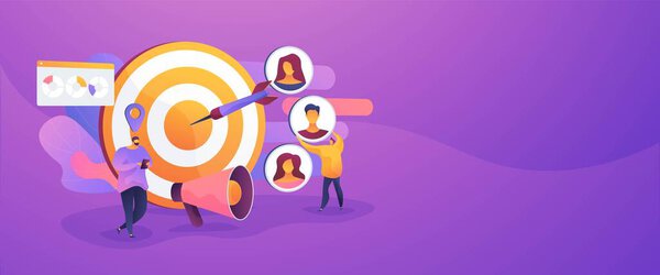 Customer attraction campaign, accurate promo, advertising business. Market segmentation, adverts, target market, target group, target customer concept. Header or footer banner template with copy space.