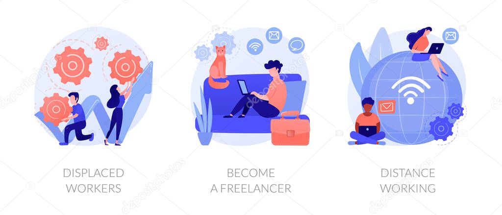 Unemployment and remote job opportunities abstract concept vector illustration set. Displaced workers, become a freelancer, distance working, entrepreneurship online, digital nomad abstract metaphor.