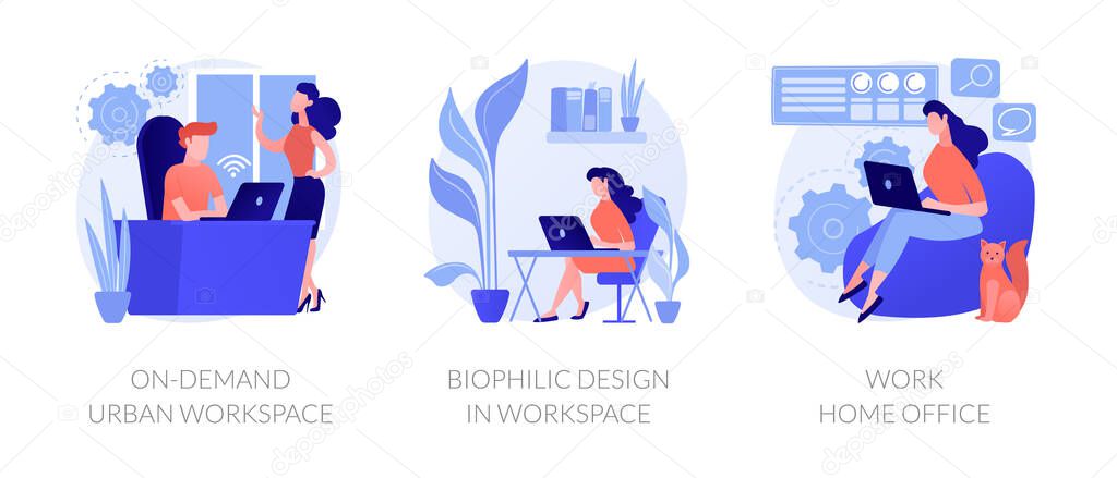 Workplace organization abstract concept vector illustration set. On-demand urban workspace, biophilic design, work home office, coworking, client meeting room, distance work abstract metaphor.