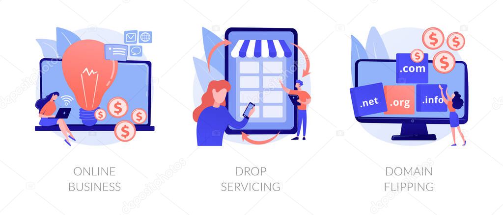 Online business abstract concept vector illustration set. Drop servicing, domain flipping, business opportunity, outsource, drop shipping, web hosting, social media sales, promotion abstract metaphor.