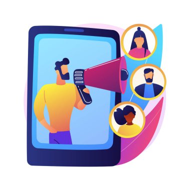 Referans programı soyut konsept vektör çizimi. Referans pazarlama yöntemi, arkadaş tavsiyesi, yeni müşteri, ürün tanıtımı, sosyal medya etkileyicisi, soyut sadakat metaforu.