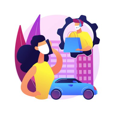 Yük ürünlerini soyut konsept vektör illüstrasyonuna çağır. Mağaza numarası, kaldırım kenarı tabelaları, sipariş kimlikleri, park yerleri, karantina ortasındaki malzemeler, sosyal uzaklık metaforu..