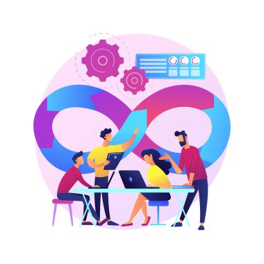 DevOps takımı soyut konsept vektör çizimi. Yazılım geliştirme ekibi üyesi, çevik iş akışı, DevOps takım modeli, IT takım çalışması, proje yönetimi, bütünleşik uygulama soyut metaforu.