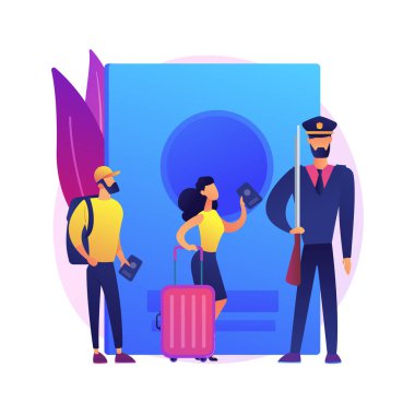 Göç politikası soyut konsept vektör çizimi. Göç raporu, politika araştırması, vize başvuru formu, sınır devriyeleri denetimi, imza belgeleri, bir kene, pasaport soyut metaforu.