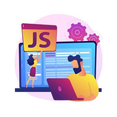 JavaScript soyut konsept vektör çizimi. Oyun motoru, JS geliştirme, web programlama, JavaScript dili, web sitesi projesi, mobil uygulama, dinamik kodlama süreci soyut metafor.