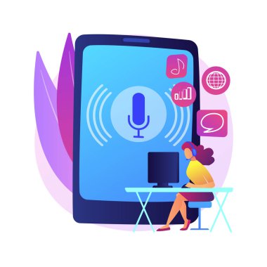 Podcast içeriği soyut konsept vektör çizimi. Markalı podcast oluşturma, pazarlama içeriği üretimi, tanıtım stratejisi, monetizasyon, sosyal medya planlayıcısı soyut metaforu.