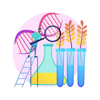 Genetik olarak değiştirilmiş bitkiler soyut konsept vektör çizimi. Genetik olarak değiştirilmiş ürünler, GM bitkileri, biyoteknoloji tarımı, yeni özellikler eklemek, gmo tarımı, transgenik soyut metafor.