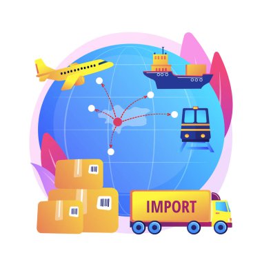 Mal ve hizmetlerin ithalatı soyut konsept vektör çizimi. Uluslararası satış süreci, maddi kaynaklar, iç yatırım, taşımacılık, ticaret dengesi, gelir soyut metaforu.