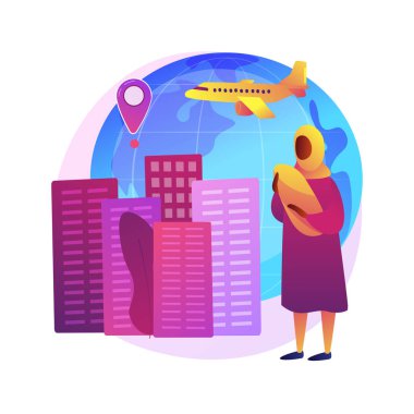 Kadın göçmen soyut konsept vektör çizimi. Kadın göçmen işçi, uluslararası evlilik, Filipinli Hintli Müslüman kadın, pasaport ve belgeler, ev temizleyici, mülteci soyut metaforu.