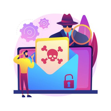 Malware soyut konsept vektör çizimi. Kötü niyetli yazılım, bilgisayar virüsü, kötü amaçlı yazılım programı, casus yazılım geliştirme, çevrimiçi antivirüs güvenliği ve koruması, siber saldırı soyut metaforu.