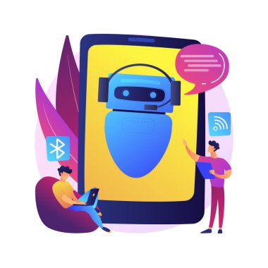 Chatbot sanal asistanı soyut konsept vektör çizimi. İnternet, çevrimiçi akıllı robot, aygıt sohbeti, medya diyaloğu, sistem projesi, teknoloji, web yazılım uygulaması soyut metaforu.