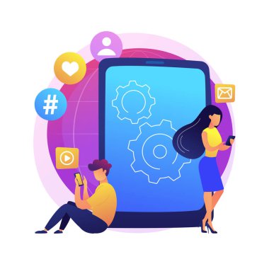 Akıllı telefon bağımlılığı soyut konsept vektör çizimi. Dijital bozukluk, mobil cihaz bağımlılığı, sürekli telefon kontrolü, uyku bozukluğu, akıl sağlığı, düşük özsaygı soyut metafor.
