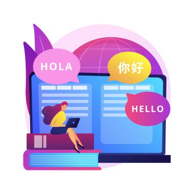 Dil çevirisi soyut konsept vektör çizimi. Çevrimiçi dil çevirmeni, çok dilli çeviri uygulaması, iş hizmeti, teknik belgeler, metinden soyut benzetmeye konuşma.