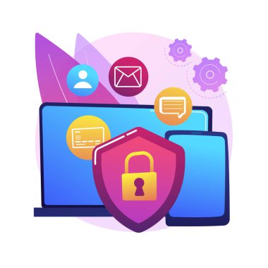 Dijital etik ve soyut konsept vektör illüstrasyonu. Dijital ortam davranışları, internet gizlilik ihlali, güvenli çevrimiçi veri koruması, kullanıcı bilgisi soyut metafor kazandı.