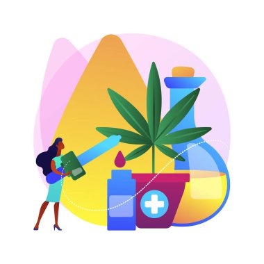 Kenevir tohumu yağı soyut konsept vektör çizimi. CBD yağ kullanımı, kenevir sativa bitkisi eczanesi, yağ asidi, insan sağlığı, ağrı ve iltihap yardımı, diyet takviyesi soyut metafor.