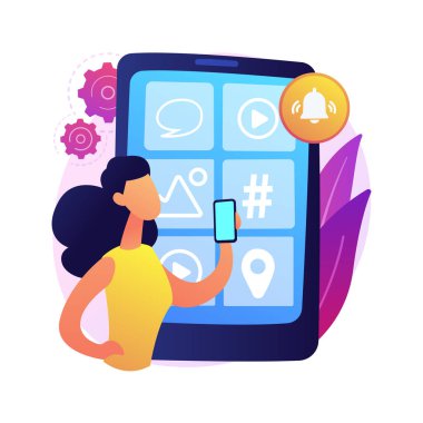 FOMO soyut konsept vektör çizimi. Kaçırma korkusu, sosyal kaygı, eğlenme, bağlı kalma, sosyal etkileşim, internet kullanımı, psikolojik sağlık ve soyut metafor.