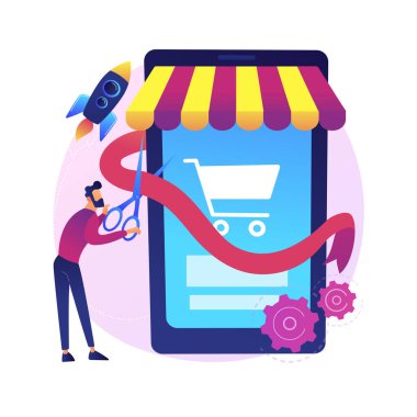Online mağaza soyut konsept vektör illüstrasyonunuzu başlatın ve çalıştırın. Salgın, market ve temel ihtiyaçların olduğu küçük işletmeler kaldırım kenarında toplanıyor, siparişleri kabul ediyor ve soyut metaforları ödüyor.