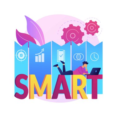 SMART Hedefleri soyut konsept vektör çizimi. İş yönetimi, hedef belirleme, SMART hedefleri, ölçülebilir ve ulaşılabilir hedefler geliştirme, ilgili strateji soyut metaforu.