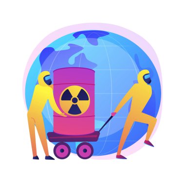 Radyoaktif variller. Koruyucu giysili ve biyolojik silahlı insanlar. Kimyasal ürünler. Zehirli madde, zehirli fıçılar, nükleer tehlike. Vektör izole kavram metaforu