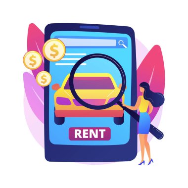 Kiralık araba servisi soyut konsept vektör çizimi. Çevrimiçi araba rezervasyonu, bedava seyahat, tam sigorta, yaz tatili, uzak rezervasyon, yerel satıcı, anahtar kilidi, soyut metafor.