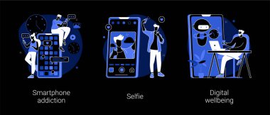 Dijital kültür soyut konsept vektör çizimleri. Akıllı telefon bağımlılığı, selfie, dijital refah, telefon kontrolü, sosyal ağ, dijital kamera, stres yönetimi karanlık mod metaforu.