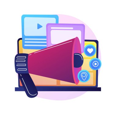 Dijital PR soyut konsept vektör çizimi. İnternet tabanlı PR stratejisi, itibar yönetimi, etki alanı yetkisi, marka farkındalığı, marka varlığı, dijital pazarlama kampanyası soyut metaforu.