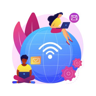 Mesafe soyut konsept vektör illüstrasyonunda çalışıyor. Mesafe ofisi, evden çalışma, uzak iş imkanı, iletişim teknolojisi, online takım toplantısı, dijital göçebe soyut metaforu.