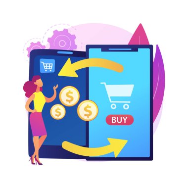 Mobil cihaz ticareti soyut konsept vektör çizimi. Eski mobil cihazları sat, perakende alım satım işlemlerini yap, kullanılmış cep telefonunu bize bırak, elektronik aletleri satın al, en iyi anlaşma soyut metafor..