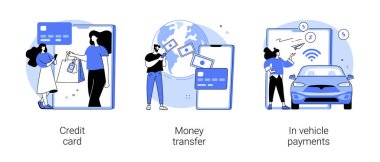 Dijital ödeme soyut konsept vektör çizimi seti. Kredi kartı, para transferi, araç ödemeleri, çevrimiçi para çekme servisi, banka işlemi, soyut satın alma metaforu.