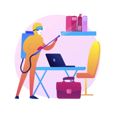 Ofis dezenfekte servisi soyut konsept vektör çizimi. Temiz çalışma alanı, yüzey temizliği, 19 salgının ortasında çalışan güvenliği, virüse maruz kalma, kişisel koruma soyut metaforu.