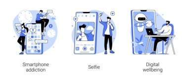Dijital kültür soyut konsept vektör çizimi seti. Akıllı telefon bağımlılığı, selfie, dijital refah, telefon kontrolü, sosyal ağ, dijital kamera, stres yönetimi soyut metaforu.