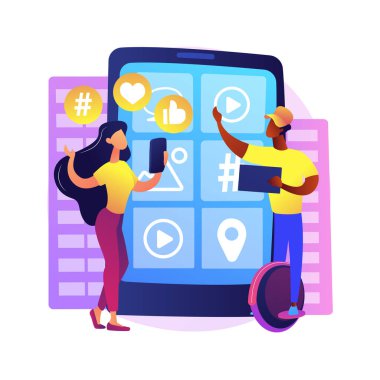 Z jenerasyonu soyut konsept vektör çizimi. Hiper bağlantılı dünya, tablet, mobil cihaz, sosyal medya, mobil bankacılık, kişisel finans, soyut metafor kullanan gençler.