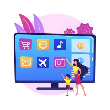 Ücretli programlama fikri. Ticaret yayını. Akıllı televizyon, uzaktan kumanda. Reklam, televizyon reklamı, modern teleskopçuluk. Vektör izole kavram metaforu
